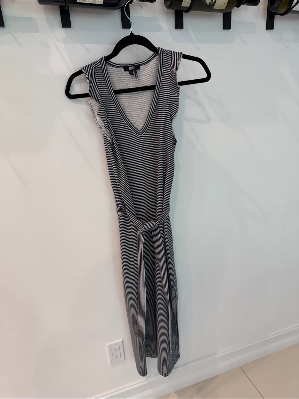 PAIGE Black & White Striped V-Neck Midi Dress with Waist Tie